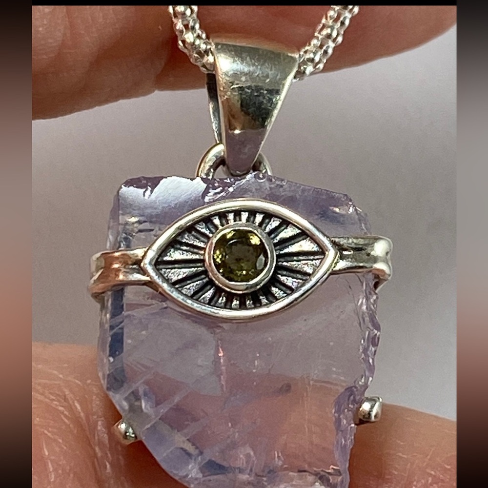 Lavender Quartz & Moldavite sterling silver pendant.